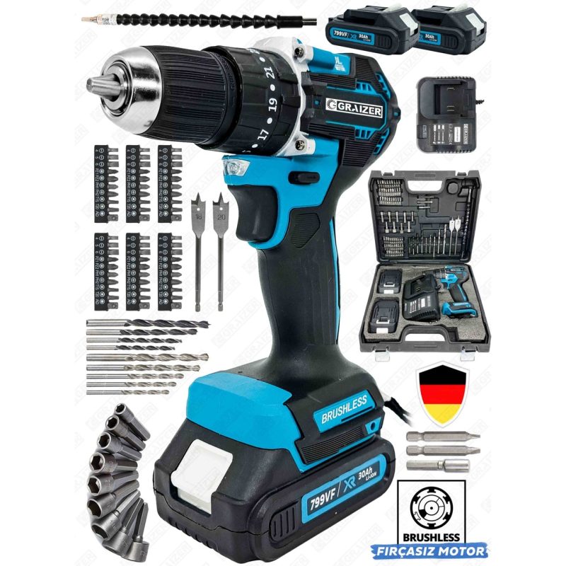 Graizer Alman 799 Vf 30 Ah Darbeli Çelik Mandren Kömürsüz Motor Samsung Çift Akülü Şarjlı Vidalama Matkap 82 Pcs