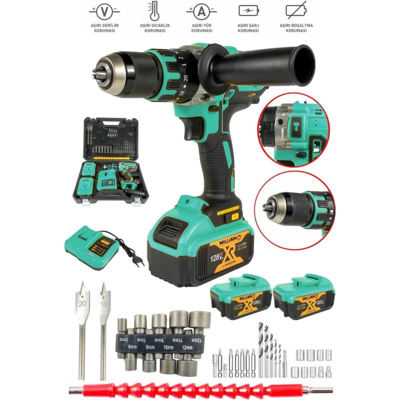 Millian 128 V 10 Ah Bakır Sargılı Darbeli Şarjlı Matkap Çift Akülü Metal Şanzıman Vidalama 39 Parça Setli