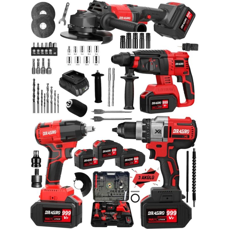 Dragro Alman DRG-999VF 20 Ah 4 Lü Set Akülü Şarjlı Vidalama Somun Sökme Taşlama Kırıcı Delici Setk