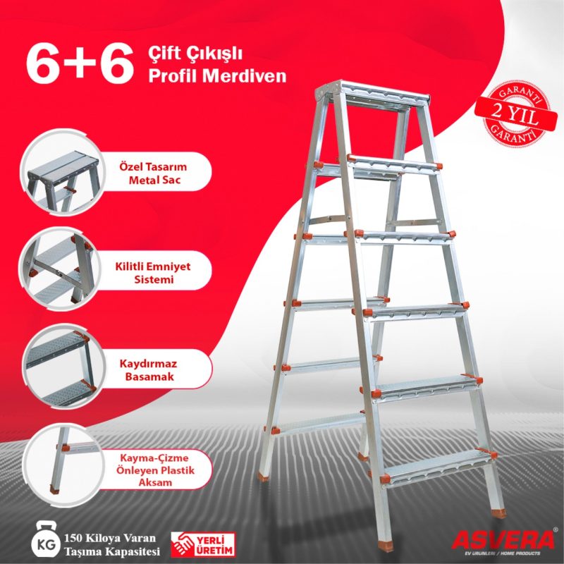 ASVERA – 6+6 Basamaklı Çift Çıkışlı Profil Merdiven (Ev, bahçe, işyeri için uygun)