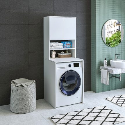 Banos Banyo Roomart Cd9 Çamaşır Makinesi Dolabı 3 Raflı 2 Kapaklı Banyo Dolabı -Ahşap