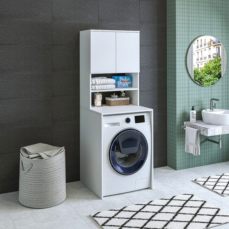 Banos Banyo Roomart Cd9 Çamaşır Makinesi Dolabı 3 Raflı 2 Kapaklı Banyo Dolabı -Ahşap