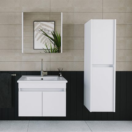 Banos Roomart 2 Kapaklı Lavabolu Beyaz Mdf 65 cm Banyo Dolabı + Aynalı Banyo Üst Dolabı + Banyo Boy Dolabı