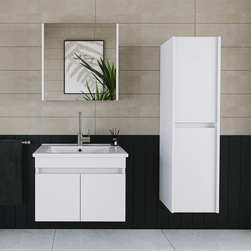 Banos Roomart 2 Kapaklı Lavabolu Beyaz Mdf 65 cm Banyo Dolabı + Aynalı Banyo Üst Dolabı + Banyo Boy Dolabı