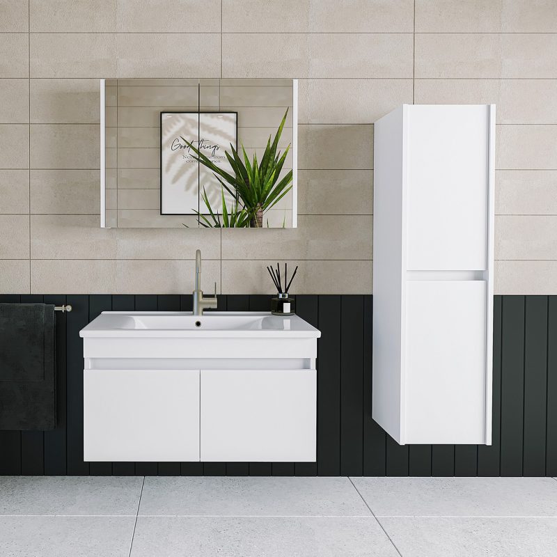 Banos Roomart 2 Kapaklı Lavabolu Beyaz Mdf 85 cm Banyo Dolabı + Aynalı Banyo Üst Dolabı + Banyo Boy Dolabı
