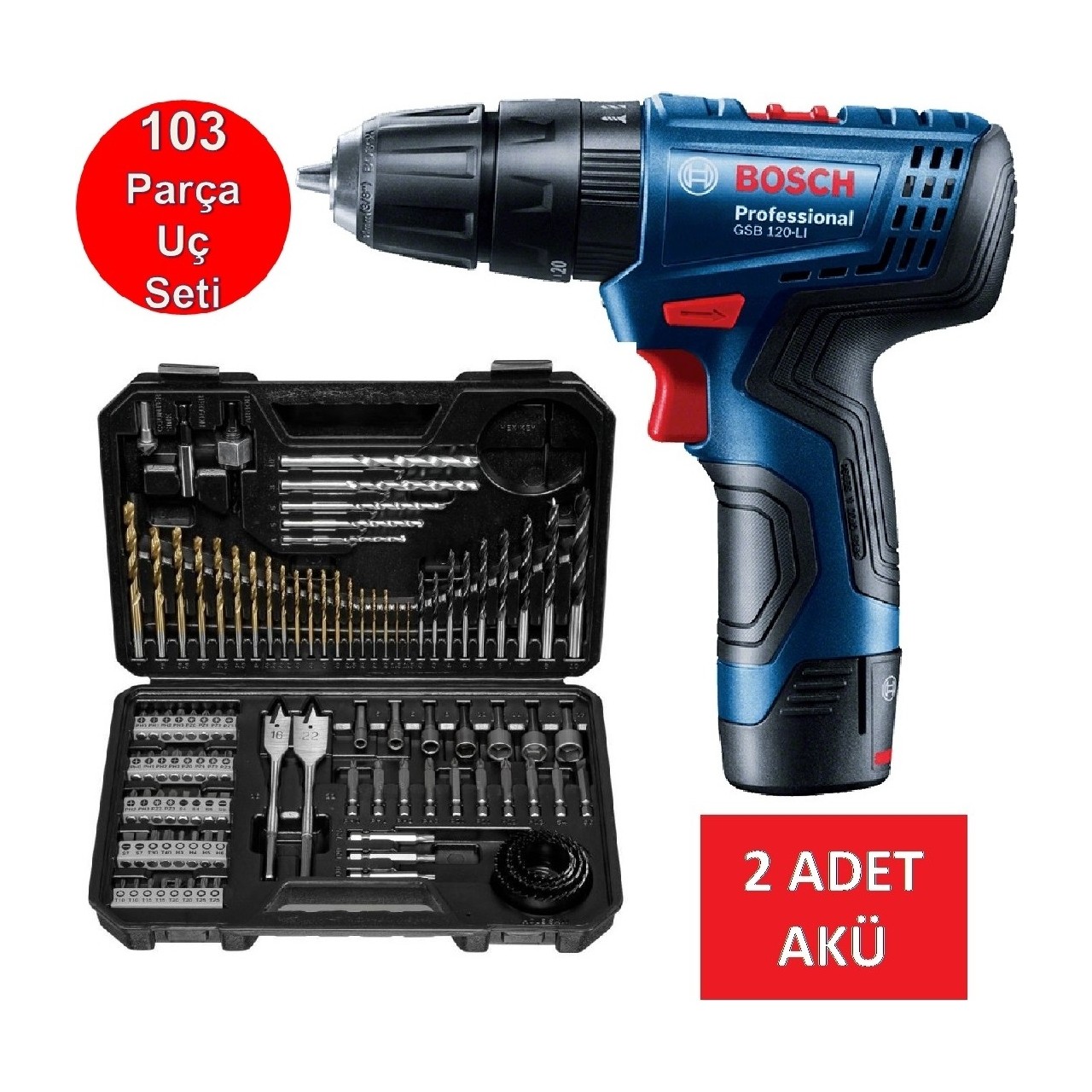 Bosch Çift Akülü Darbeli Matkap Şarjlı Matkap Akülü Vidalama + Matkap Ucu Vidalama Ucu Lokma Ucu Panç Seti