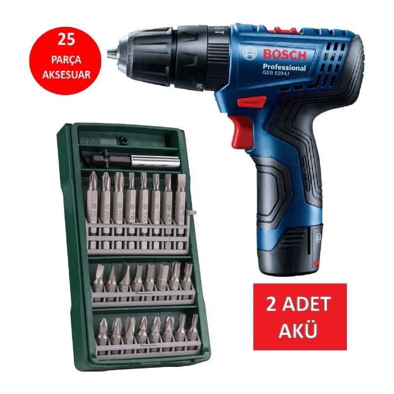 Bosch Darbeli Matkap Çift Akülü Şarjlı Matkap Akülü Vidalama + 25 Parça Vidalama Ucu Seti
