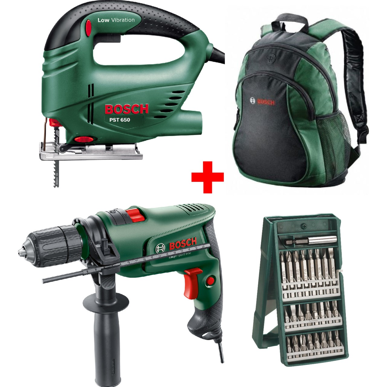 Bosch Darbeli Matkap EASYIMPACT600 + Bosch Dekupaj Testere Makinası + 25 Parça Vidalama Ucu Seti