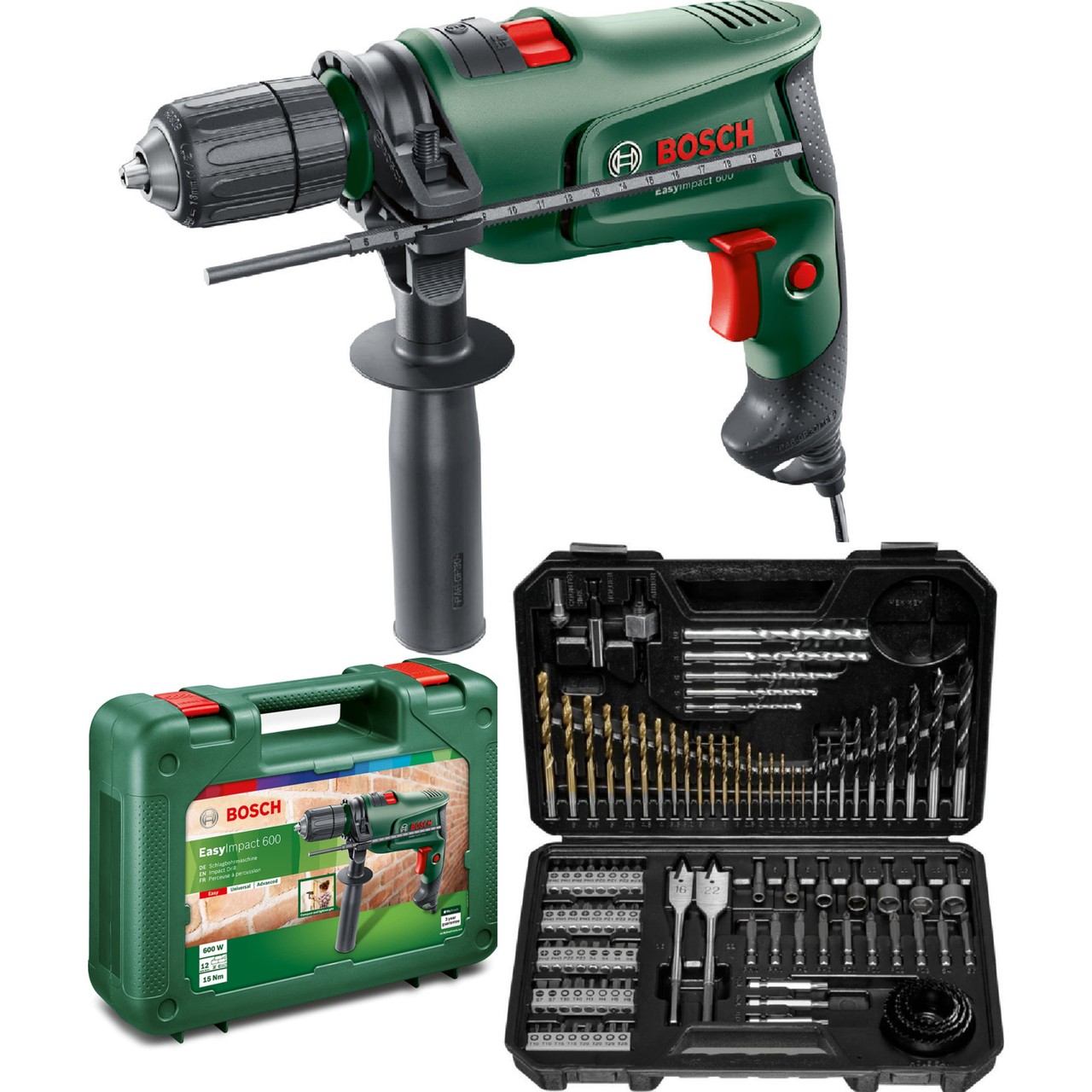 Bosch Easyimpact 600 13MM 600 Watt Darbeli Matkap + 103 Parça Matkap Ucu Vidalama Ucu Lokma Ucu Seti + Sırt Çantası