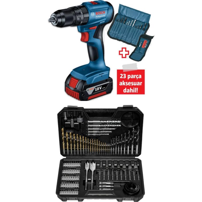 Bosch Gsb 185 LI Tek Akülü Kömürsüz Darbeli Matkap Vidalama Şarjlı Matkap ve 103 Parça Matkap Ucu Vidalama Ucu Aksesuar Seti