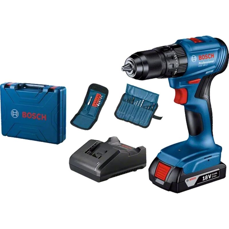 Bosch Professional GSB 185-LI Tek Akülü 2.0 Ah Kömürsüz Motor Darbeli Vidalama + 23 Parça Aksesuar Seti – 06019K3102