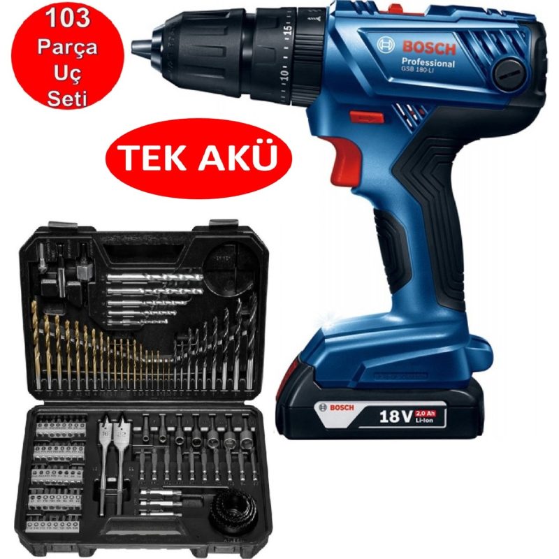 Bosch Tek Akülü Darbeli Matkap 18V Akülü Vidalama Şarjlı Matkap + Matkap Ucu Vidalama Ucu Seti