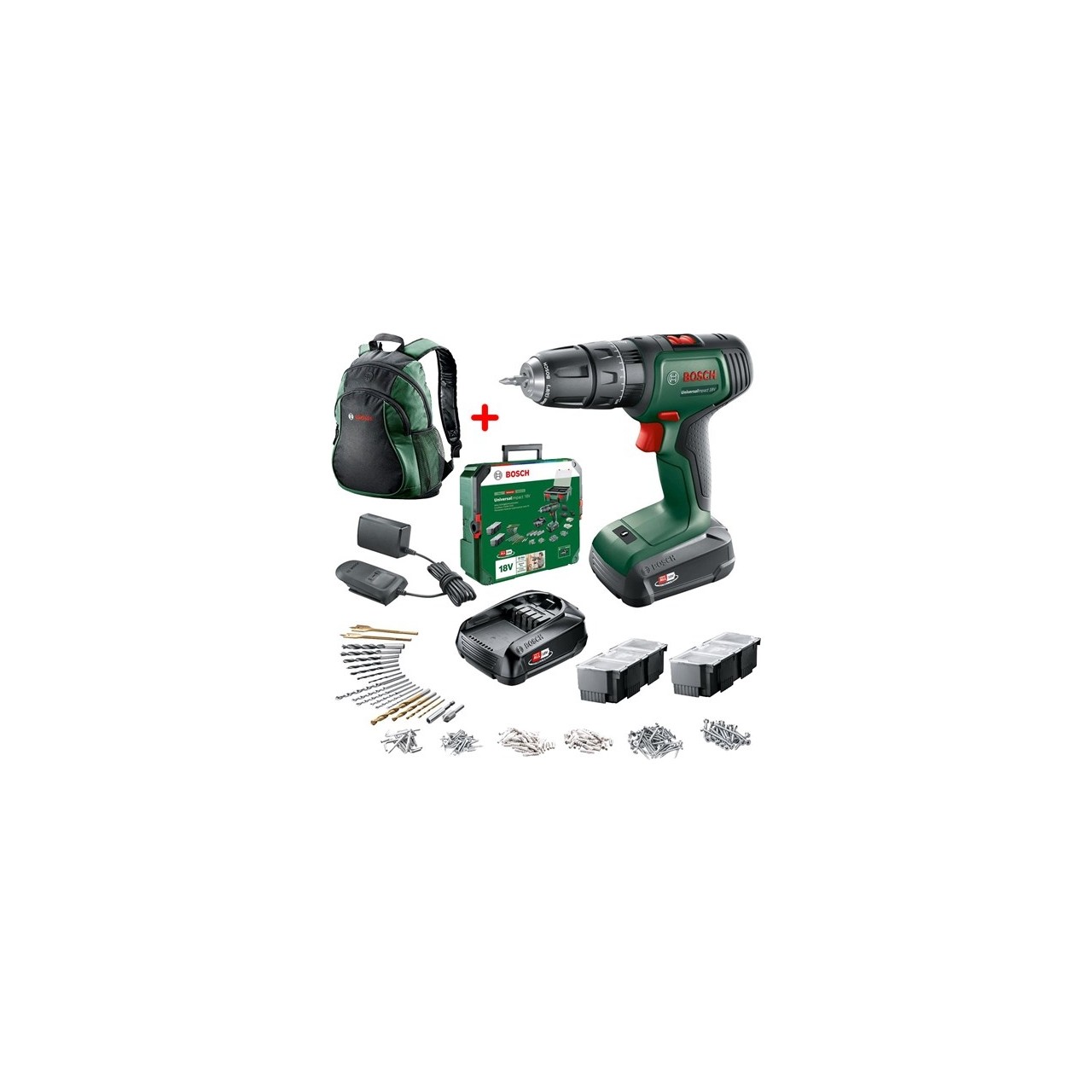 Bosch Universalımpact 18V Akülü Darbeli Matkap 1,5AH, Çift Akü Sbx + 241 Aksesuar Setli + Bosch Yeşil Sırt Çantası