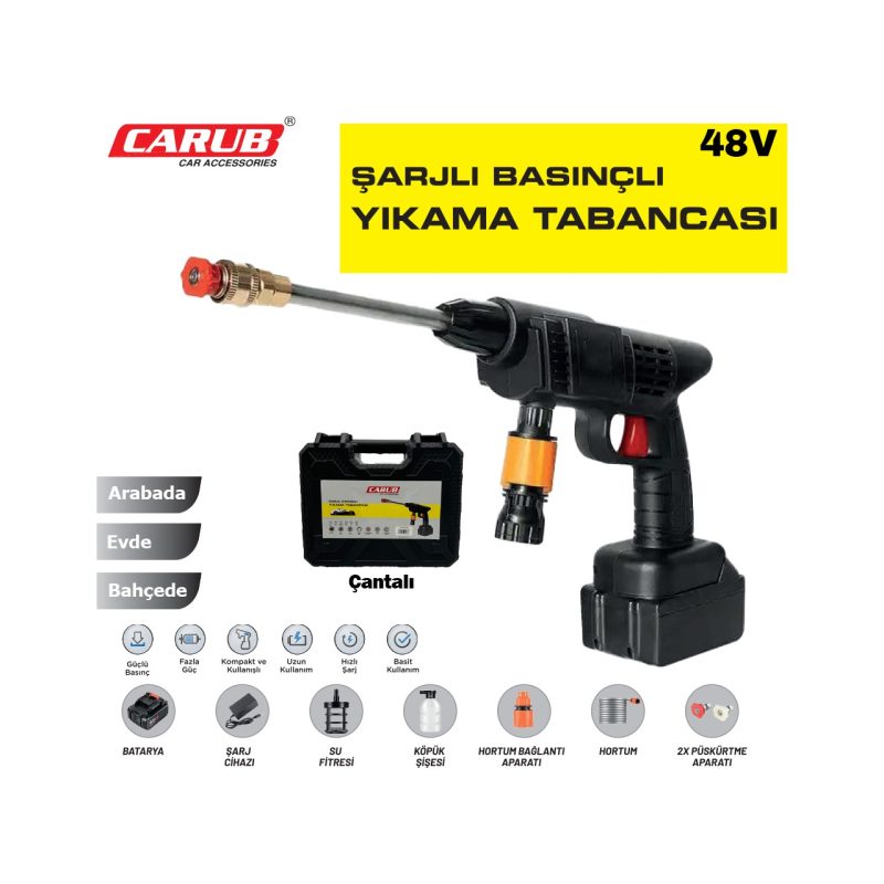 Carub 48V Şarjlı Oto Yıkama, Bahçe Sulama Tabancası Makinesi Yüksek Basınçlı