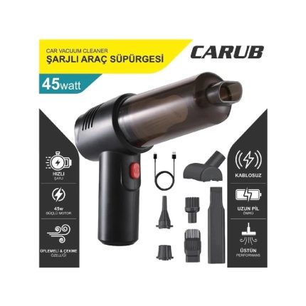 Carub Kablosuz Şarjlı Araç Süpürgesi ve Hava Verici Çift Yönlü Kullanım 45 Watt Güçlü Çekiş