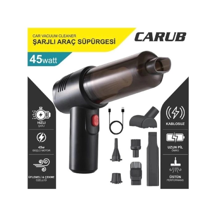 Carub Kablosuz Şarjlı Araç Süpürgesi ve Hava Verici Çift Yönlü Kullanım 45 Watt Güçlü Çekiş