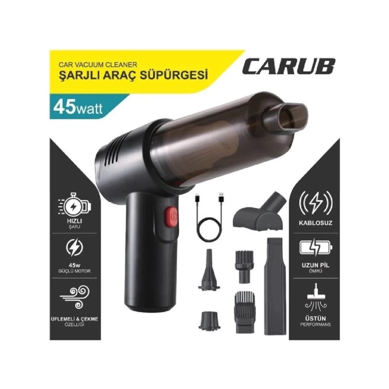 Carub Kablosuz Şarjlı Araç Süpürgesi ve Hava Verici Çift Yönlü Kullanım 45 Watt Güçlü Çekiş