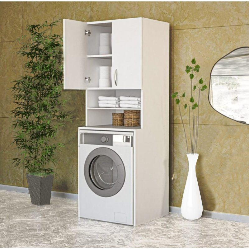Dekor Papatya Çamaşır Makinesi Dolabı, Banyo Dolabı, 4 Raflı, Kapaklı,