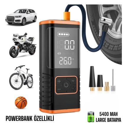 Dijital Ekranlı 5400 Mah 4ın1 Şarjlı Taşınabilir Araç Lastik Top Şişirme Pompası Oto Hava Kompresörü