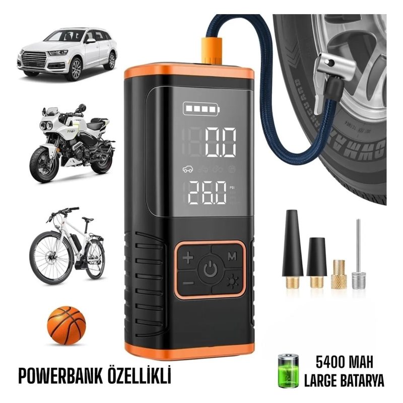 Dijital Ekranlı 5400 Mah 4ın1 Şarjlı Taşınabilir Araç Lastik Top Şişirme Pompası Oto Hava Kompresörü