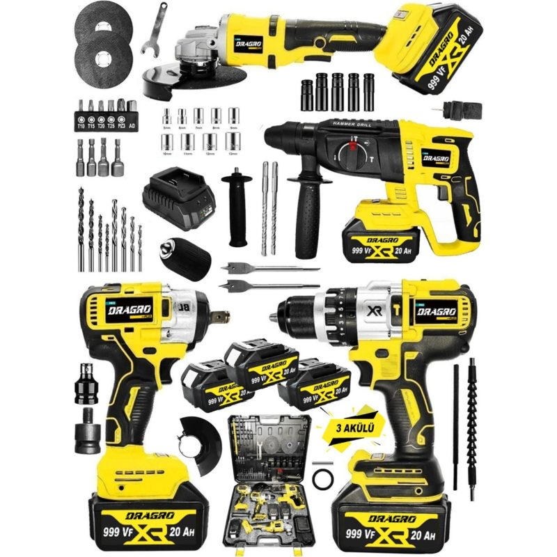 Dragro Alman DRG-999VF 20 Ah 4 Lü Set Akülü Şarjlı Vidalama Somun Sökme Taşlama Kırıcı Delici Sets