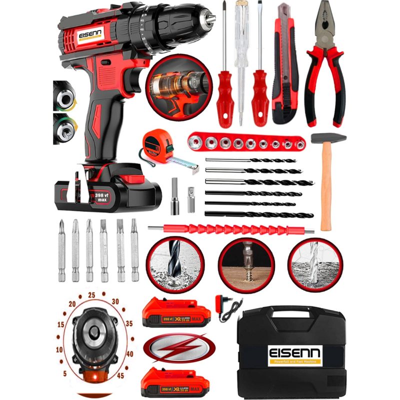 Eisenn Alman 398 Wf 25 Ah Darbeli Lion Çift Akülü Metal Şanzıman Turbo Şarjlı Matkap +37 Pcs Komple Set