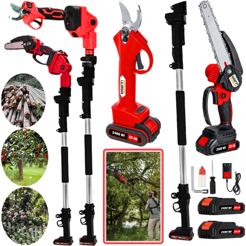 Eisenn Germany Red 3 LÜ Set Akülü Bağ Makası + Zincirli Budama Testeresi 2400 Wf 25 Ah 2.7 mt Teleskopik Hediyeli