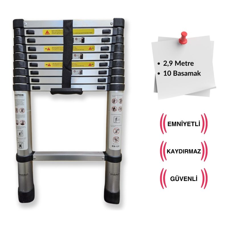 Endokon 290 cm. – 10 Basamaklı Teleskobik / Teleskopik Alüminyum Merdiven – Uzayan Merdiven
