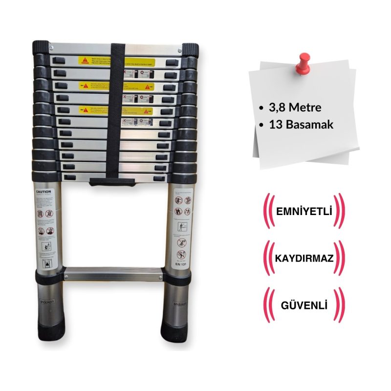 Endokon 380 cm. – 13 Basamaklı Teleskobik / Teleskopik Alüminyum Merdiven