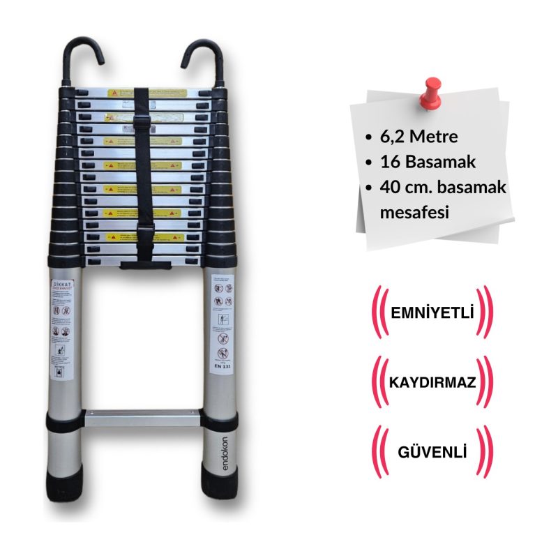 Endokon 620 Cm. – 16  Basamaklı Kancalı Teleskobik / Teleskopik Alüminyum Merdiven – I Tipi Uzayan Merdiven