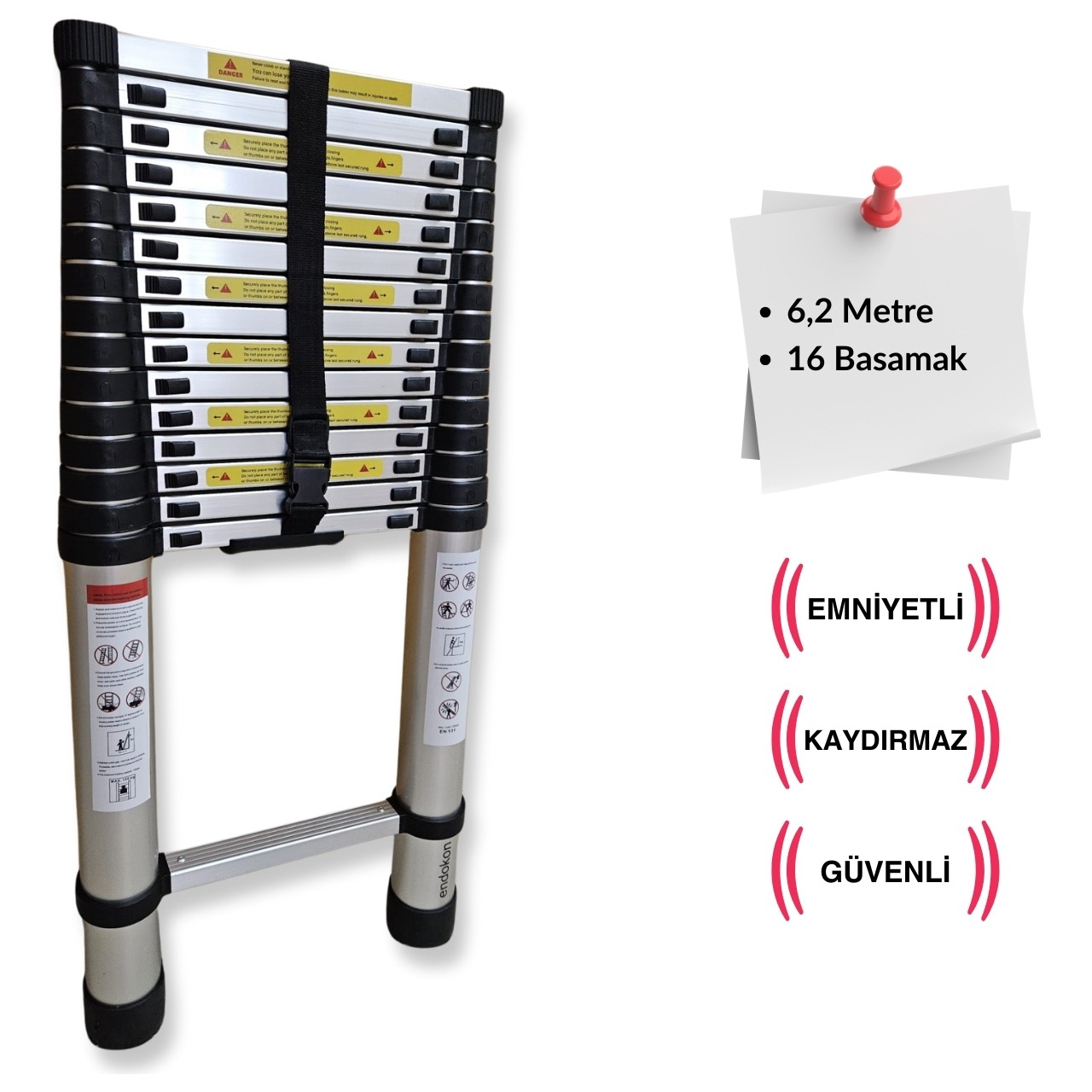 Endokon 620 Cm. – 16 Basamaklı Teleskobik / Teleskopik Alüminyum I Merdiven