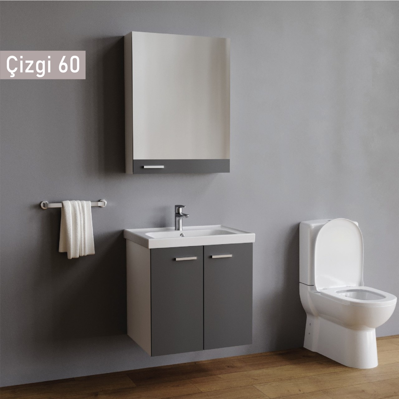 Era Çizgi 60 cm Antrasit Banyo Dolabı