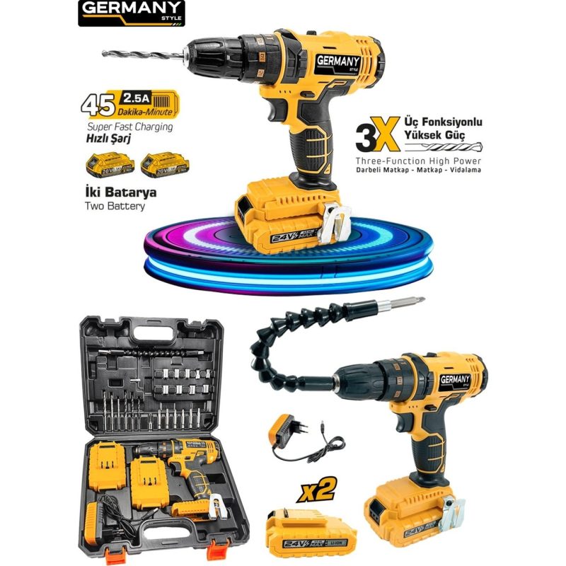 Germany Style 24W Çift Li-Ion Bataryalı Metal Şanzıman Darbeli 27 Parçalı Süper Setli