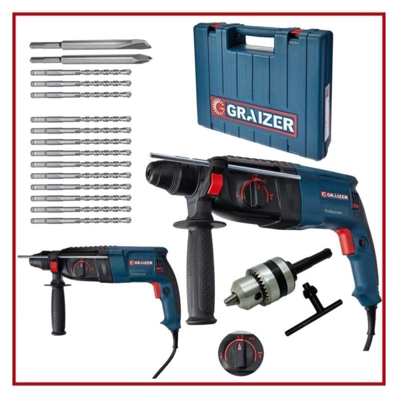 Graizer Alman G-3000 Watt 5.0 Joul Metal Dişli Hilti Darbeli Matkap + Yedek Mandren + 15 Uç Kırıcı Delici