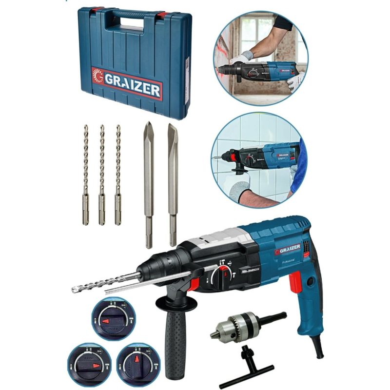 Graizer Alman Km-12 3000 W Bakir Sargılı Kırıcı Delici Hılti Matkap Metal Şanzumanlı + 5 Adet Uç Yedek Mandren Gri