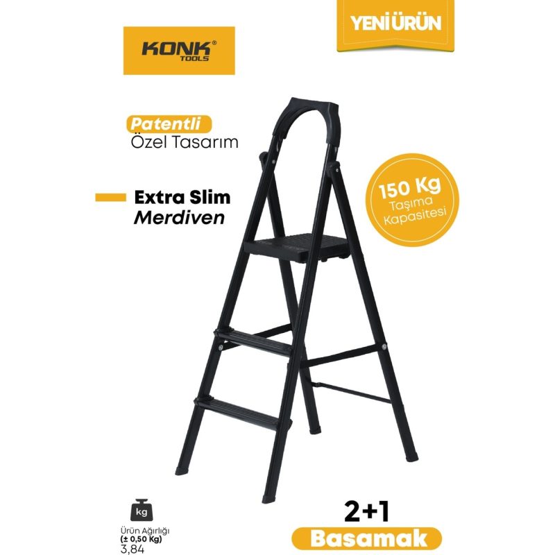 Konk Tools Extra Süper Slim Siyah Merdiven 2+1 Metal Basamaklı Vera2