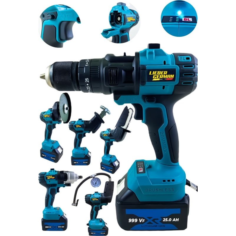 Lieber German 999VF 25AH 6lı Set Şarjlı Matkap Testere Tilki Kuyruğu Taşlama Somun Sökme Lastik Şişirme