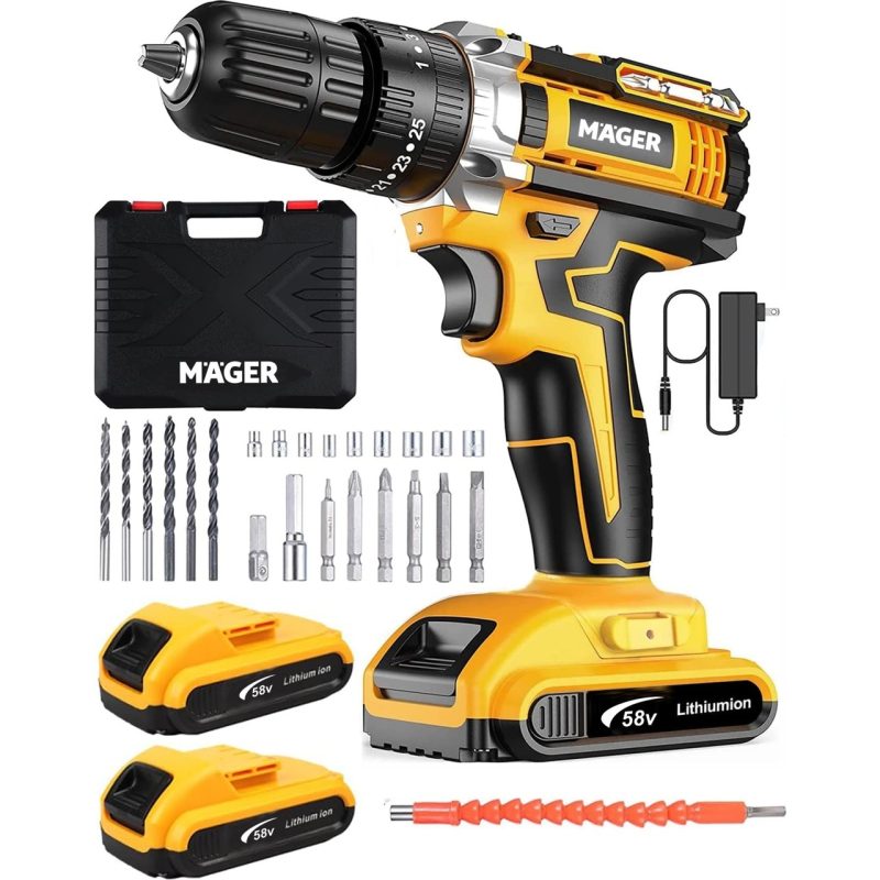 Mager 58 V 10 Ah Darbeli Çelik Şanzuman Bakır Sargılı Çift Akülü Şarjlı Matkap 27 Parça Set