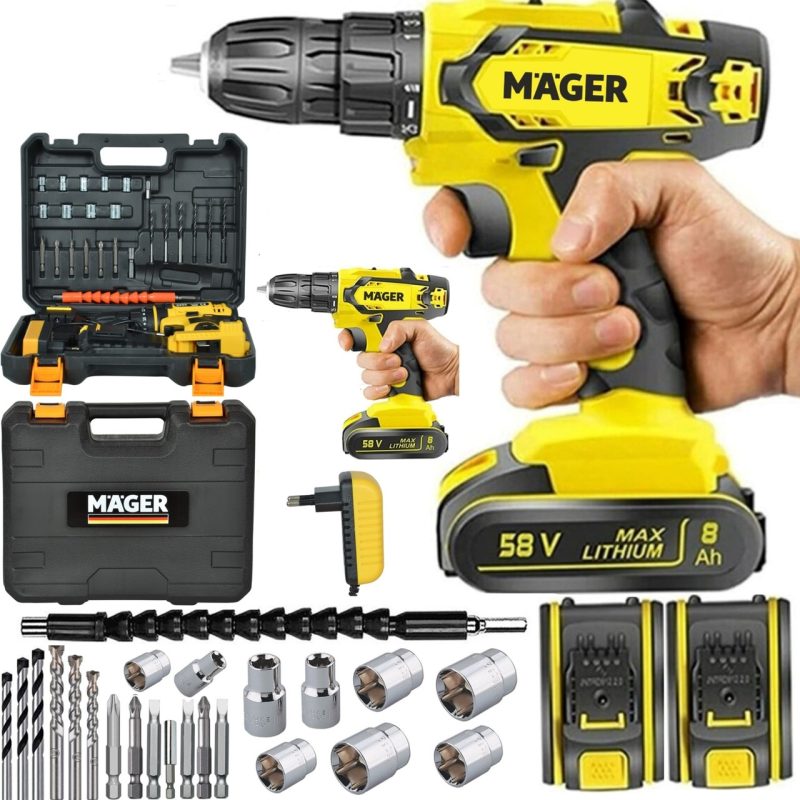 Mager Alman 58 Watt 8 Ah Darbeli  Setli Çift Akülü Çantalı Akülü Vidalama Metal Şanzıman Matkap