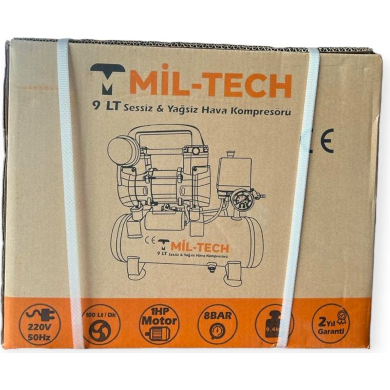 Mil-Tech 9 Litre Sessiz ve Yağsız Premium Hava Kompresörü
