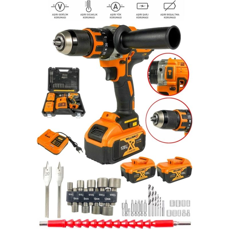 Millian 128 V 10 Ah Bakır Sargılı Darbeli Şarjlı Matkap Çift Akülü Metal Şanzıman Vidalama 39 Parça Setli