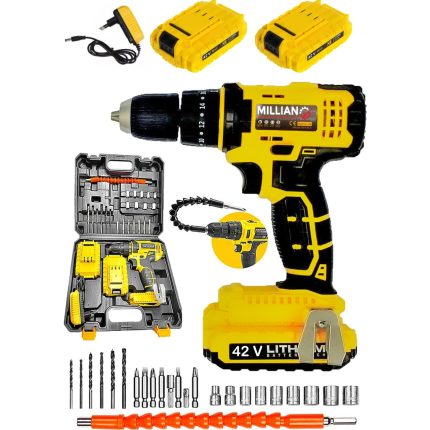 Millian Italian Technology 42 V 5 Ah Rotary Seri Metal Şanzuman Şarjlı Çift Akülü Matkap 27 Parça Uç Setli
