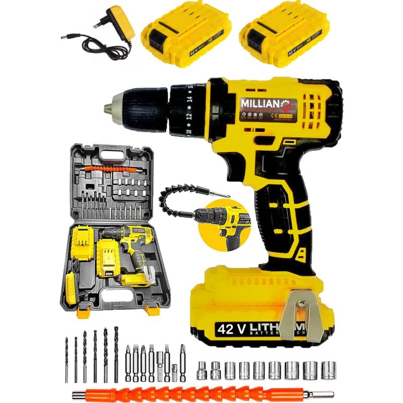 Millian Italian Technology 42 V 5 Ah Rotary Seri Metal Şanzuman Şarjlı Çift Akülü Matkap 27 Parça Uç Setli