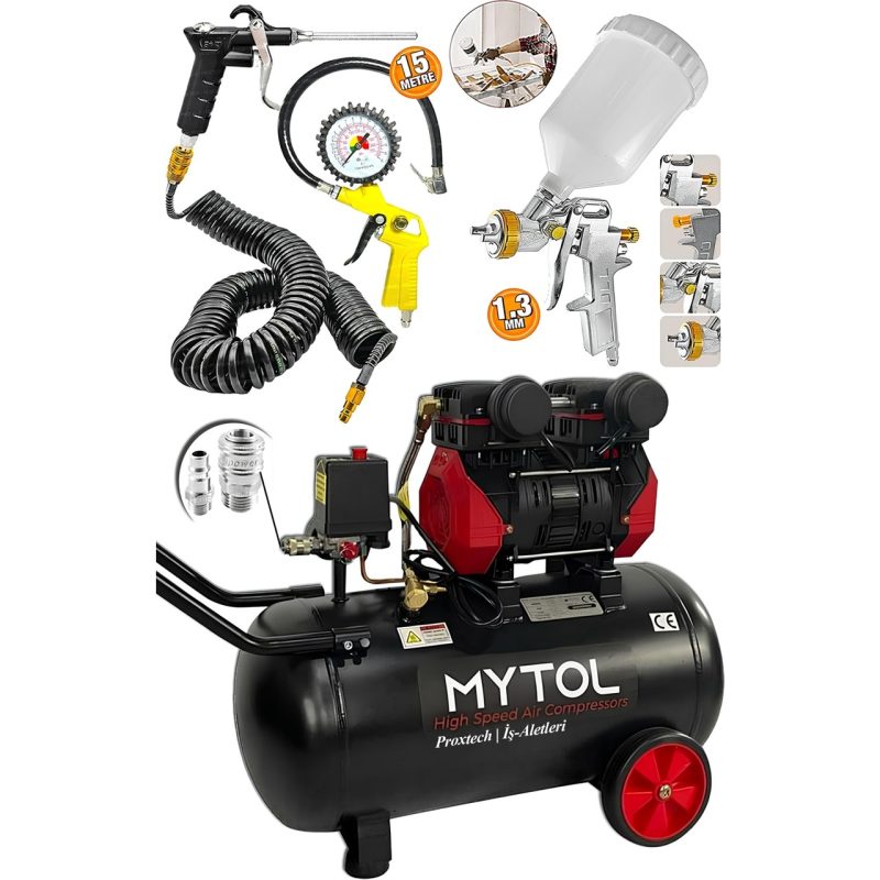Mytol En Çok Tercih Edilen 1,5 Hp 50 Litre Yağsız Sessiz Hava Kompresörü ve Havalı Alet Seti
