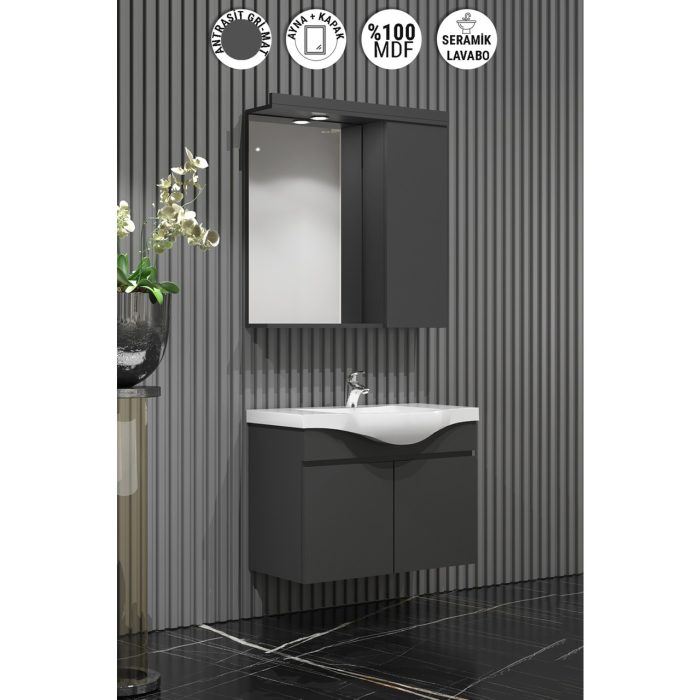 Özceden Yıldız Banyo Dolabı 55 cm Komple Antrasit Gri Mat
