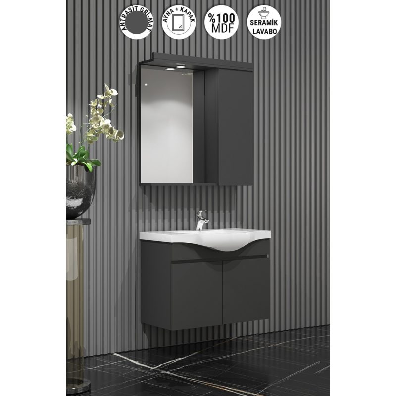 Özceden Yıldız Banyo Dolabı 55 cm Komple Antrasit Gri Mat