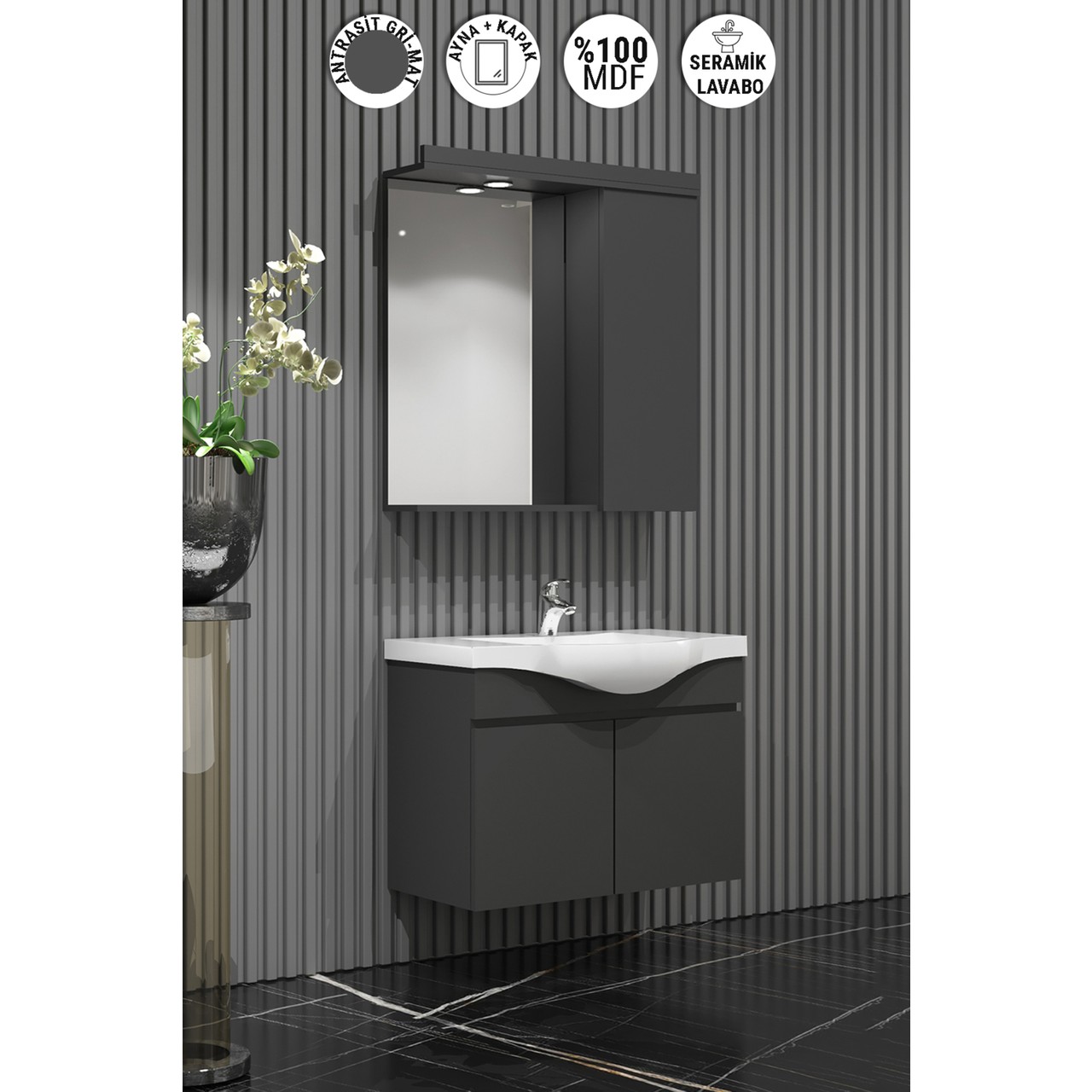 Özceden Yıldız Banyo Dolabı 55 cm Komple Antrasit Gri Mat