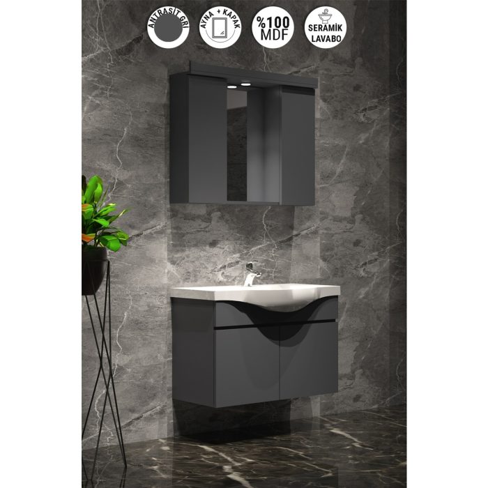 Özceden Yıldız Banyo Dolabı Takımı 80CM Asma Komple Antrasit Gri Mat Renkli