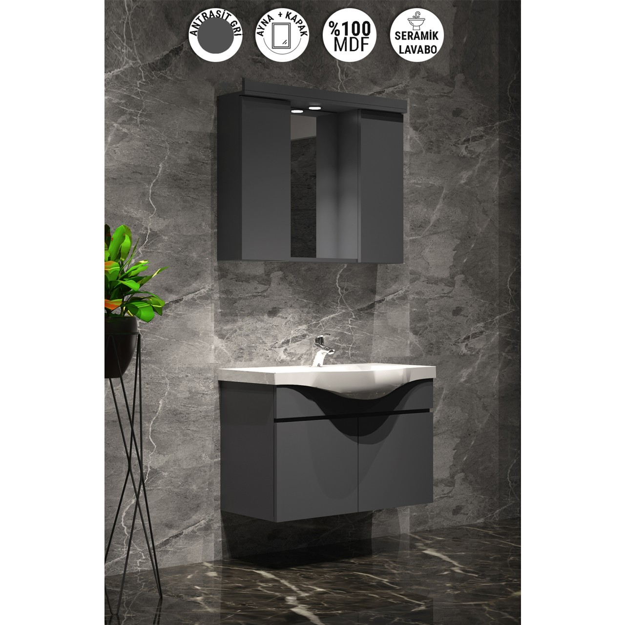 Özceden Yıldız Banyo Dolabı Takımı 80CM Asma Komple Antrasit Gri Mat Renkli