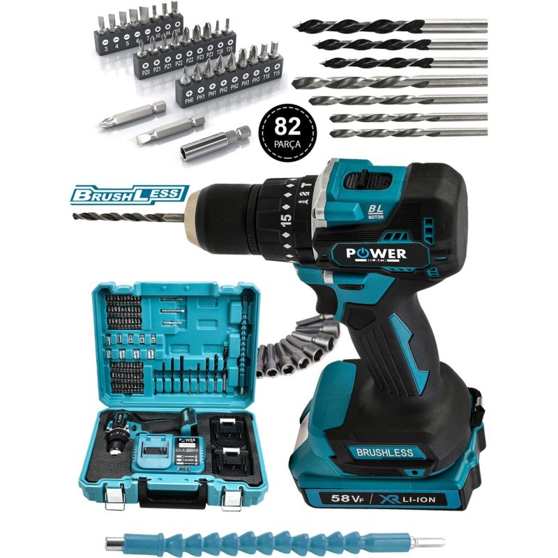 Power Black 58 Vf Kömürsüz (Fırçasız Motor) Darbeli Çelik Mandren Çelik Şanzıman Şarjlı Matkap Mavi
